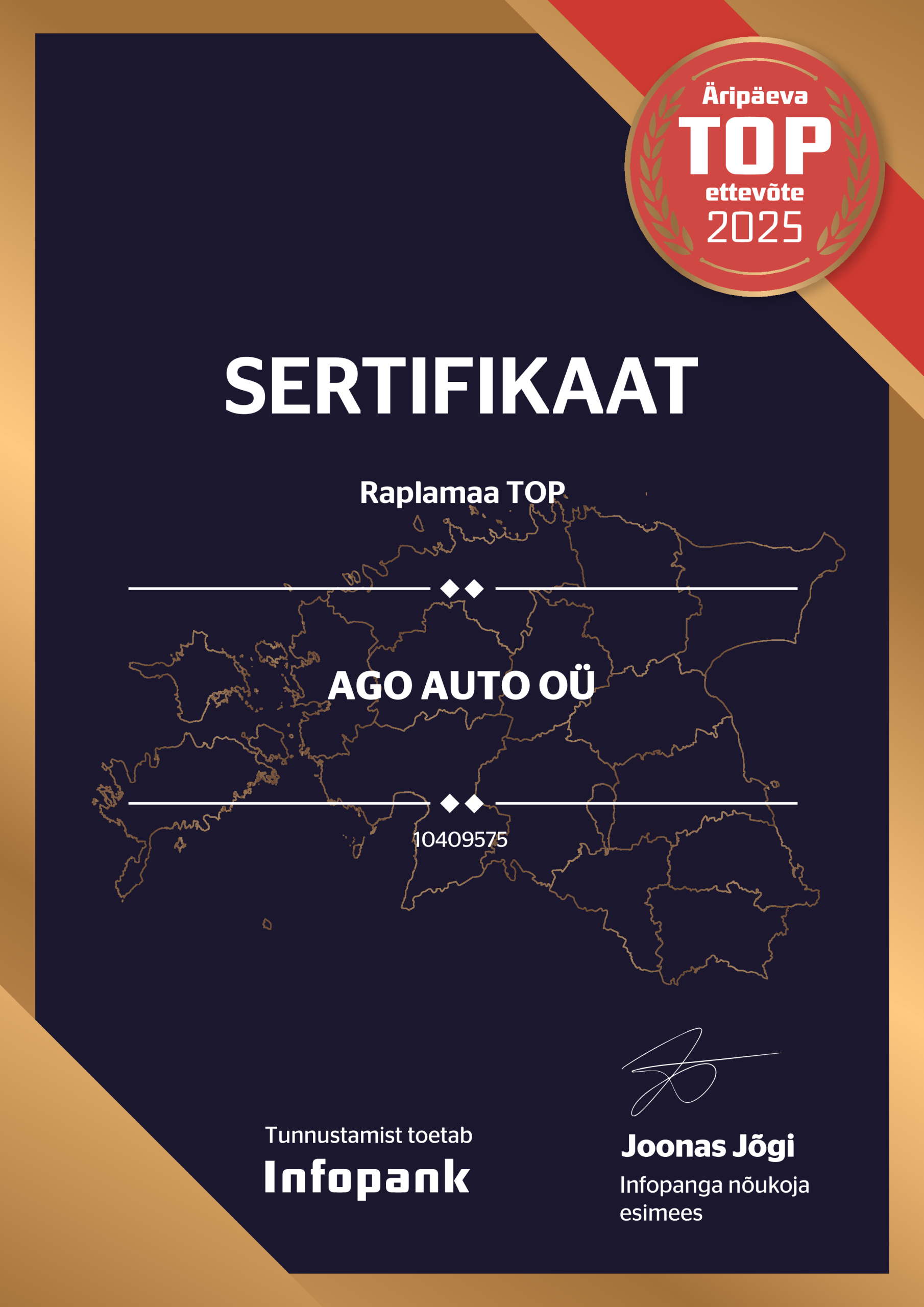ago auto ou 10409575 aripaeva top 2025 sertifikaat ee